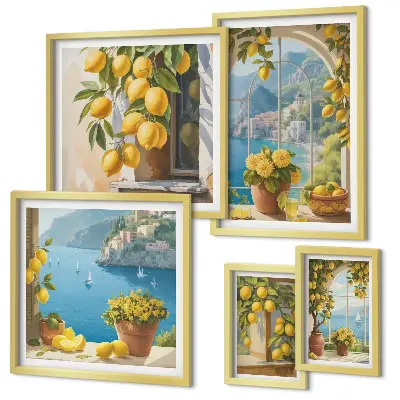 Set of 5 wall art pieces lemon accents and Provence sea theme