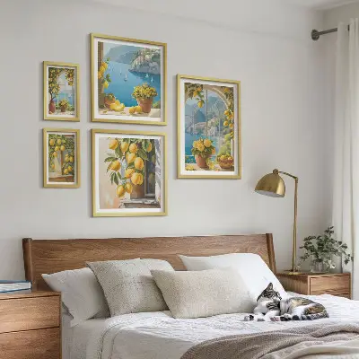 Set of 5 wall art pieces lemon accents and Provence sea theme