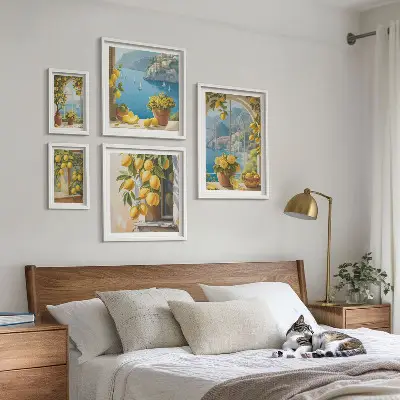 Set of 5 wall art pieces lemon accents and Provence sea theme