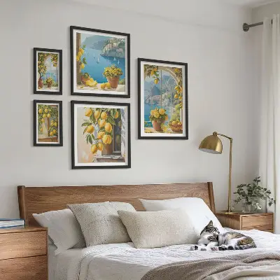 Set of 5 wall art pieces lemon accents and Provence sea theme