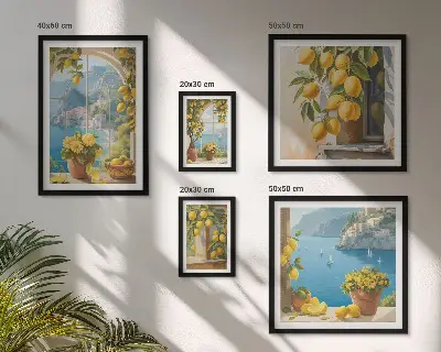 Set of 5 wall art pieces lemon accents and Provence sea theme