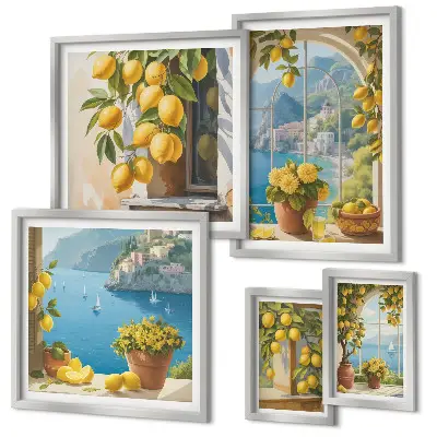 Set of 5 wall art pieces lemon accents and Provence sea theme