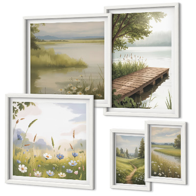 Framed photo set Peaceful landscapes with a meadow bridge