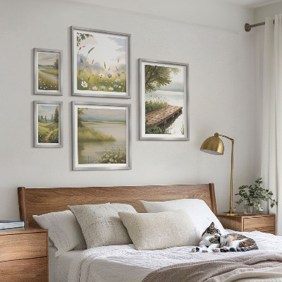 Framed photo set Peaceful landscapes with a meadow bridge