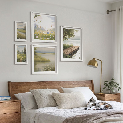 Framed photo set Peaceful landscapes with a meadow bridge