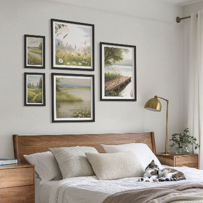 Framed photo set Peaceful landscapes with a meadow bridge