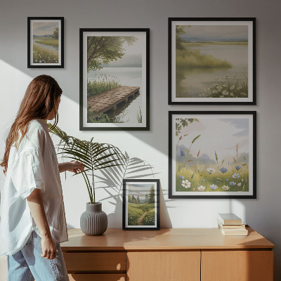 Framed photo set Peaceful landscapes with a meadow bridge
