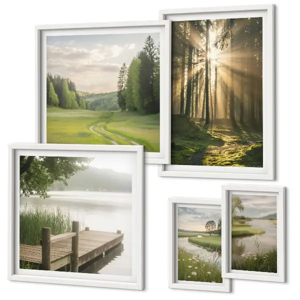 Set of 5 wall art pieces featuring forest landscapes with sun and water