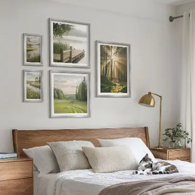 Set of 5 wall art pieces featuring forest landscapes with sun and water