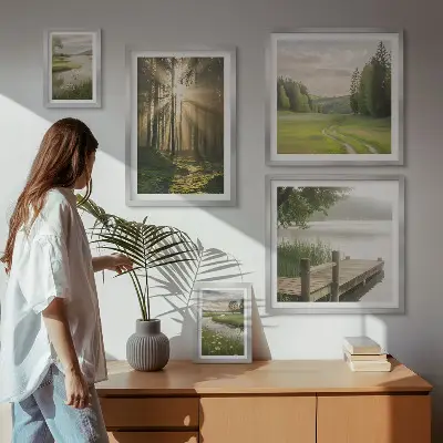 Set of 5 wall art pieces featuring forest landscapes with sun and water