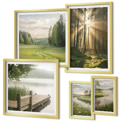 Set of 5 wall art pieces featuring forest landscapes with sun and water