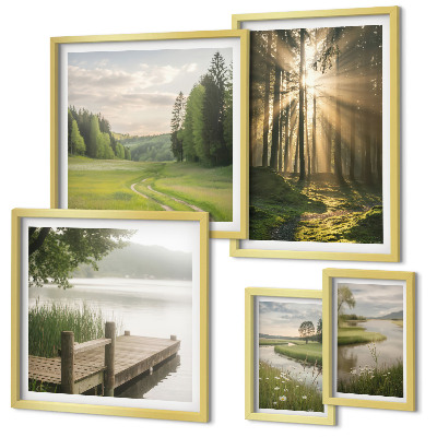 Set of 5 wall art pieces Forest landscapes sun water