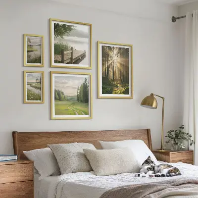 Set of 5 wall art pieces featuring forest landscapes with sun and water
