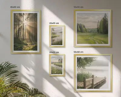Set of 5 wall art pieces featuring forest landscapes with sun and water