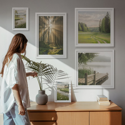 Set of 5 wall art pieces Forest landscapes sun water