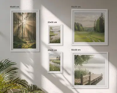 Set of 5 wall art pieces featuring forest landscapes with sun and water