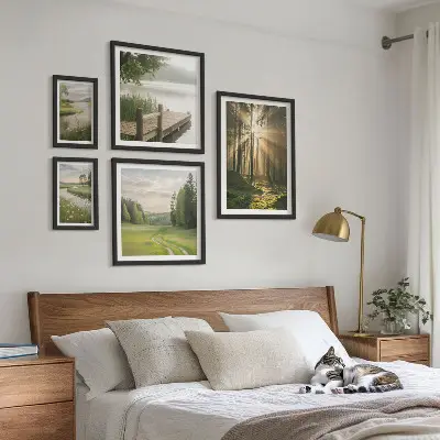 Set of 5 wall art pieces featuring forest landscapes with sun and water