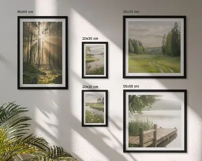 Set of 5 wall art pieces featuring forest landscapes with sun and water