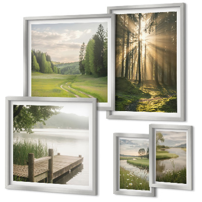 Set of 5 wall art pieces Forest landscapes sun water