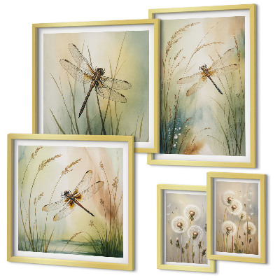 Set of 5 wall art pieces Boho nature motifs with dragonflies