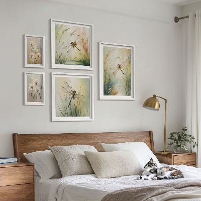 Set of 5 wall art pieces Boho nature motifs with dragonflies