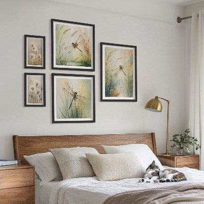 Set of 5 wall art pieces Boho nature motifs with dragonflies