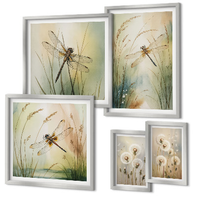 Set of 5 wall art pieces Boho nature motifs with dragonflies