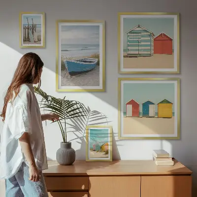 Framed photo set seaside views with houses and boats