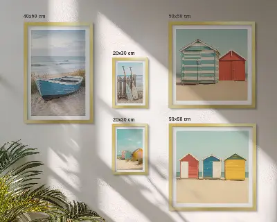 Framed photo set seaside views with houses and boats