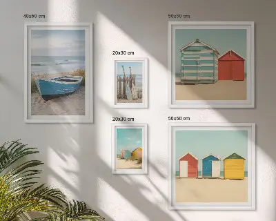 Framed photo set seaside views with houses and boats