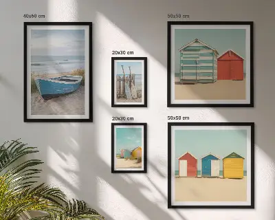 Framed photo set seaside views with houses and boats