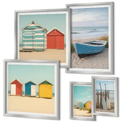 Framed photo set seaside views with houses and boats