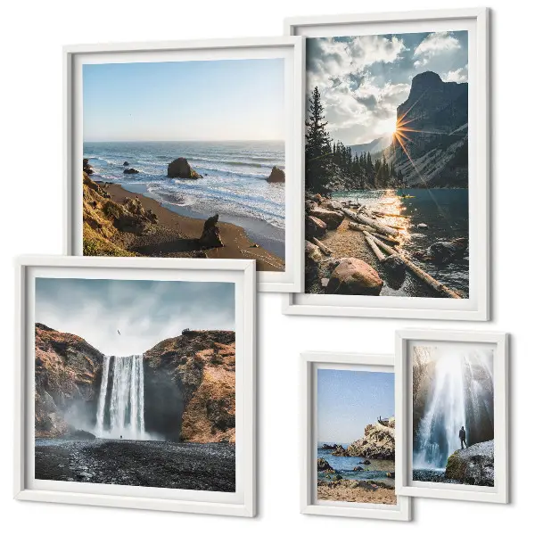 Framed photo set featuring landscapes, waterfalls, and beaches