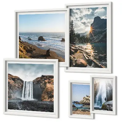 Framed photo set featuring landscapes, waterfalls, and beaches