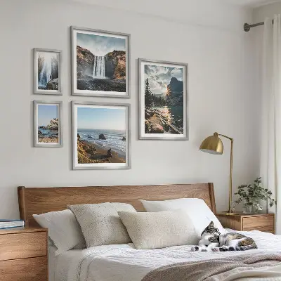 Framed photo set featuring landscapes, waterfalls, and beaches