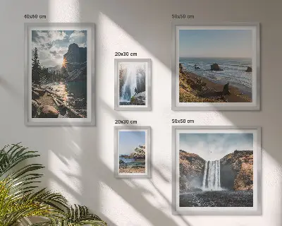 Framed photo set featuring landscapes, waterfalls, and beaches