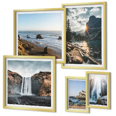 Framed photo set featuring landscapes, waterfalls, and beaches