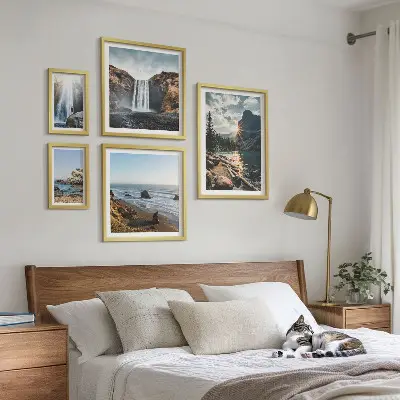 Framed photo set featuring landscapes, waterfalls, and beaches