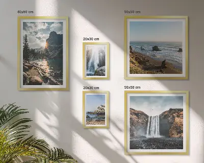 Framed photo set featuring landscapes, waterfalls, and beaches