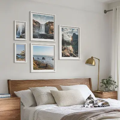 Framed photo set featuring landscapes, waterfalls, and beaches