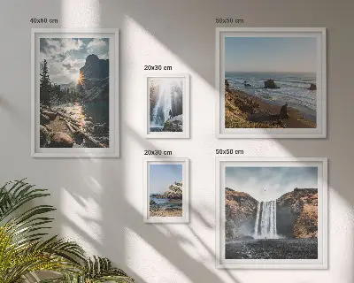 Framed photo set featuring landscapes, waterfalls, and beaches
