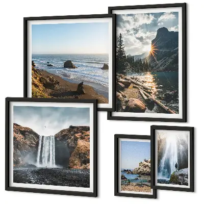Framed photo set featuring landscapes, waterfalls, and beaches