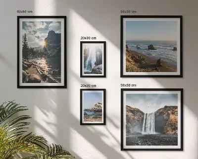 Framed photo set featuring landscapes, waterfalls, and beaches
