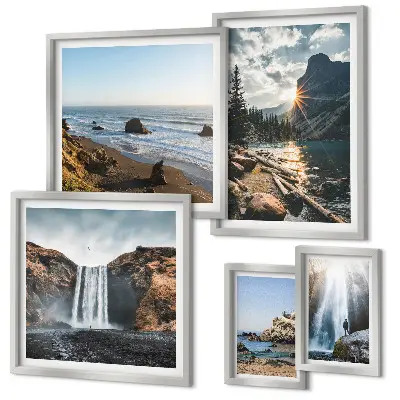 Framed photo set featuring landscapes, waterfalls, and beaches