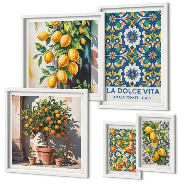 Set of 5 wall art pieces with Italian citrus Amalfi style decorations