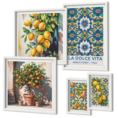 Set of 5 wall art pieces with Italian citrus Amalfi style decorations