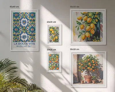 Set of 5 wall art pieces with Italian citrus Amalfi style decorations