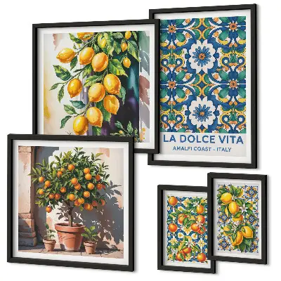 Set of 5 wall art pieces with Italian citrus Amalfi style decorations