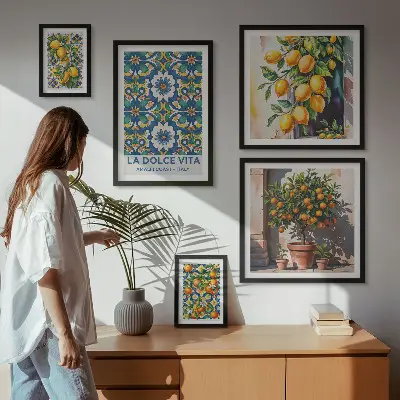 Set of 5 wall art pieces with Italian citrus Amalfi style decorations