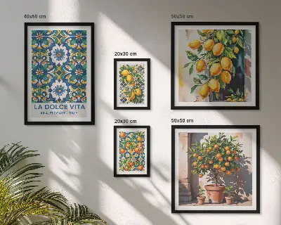Set of 5 wall art pieces with Italian citrus Amalfi style decorations